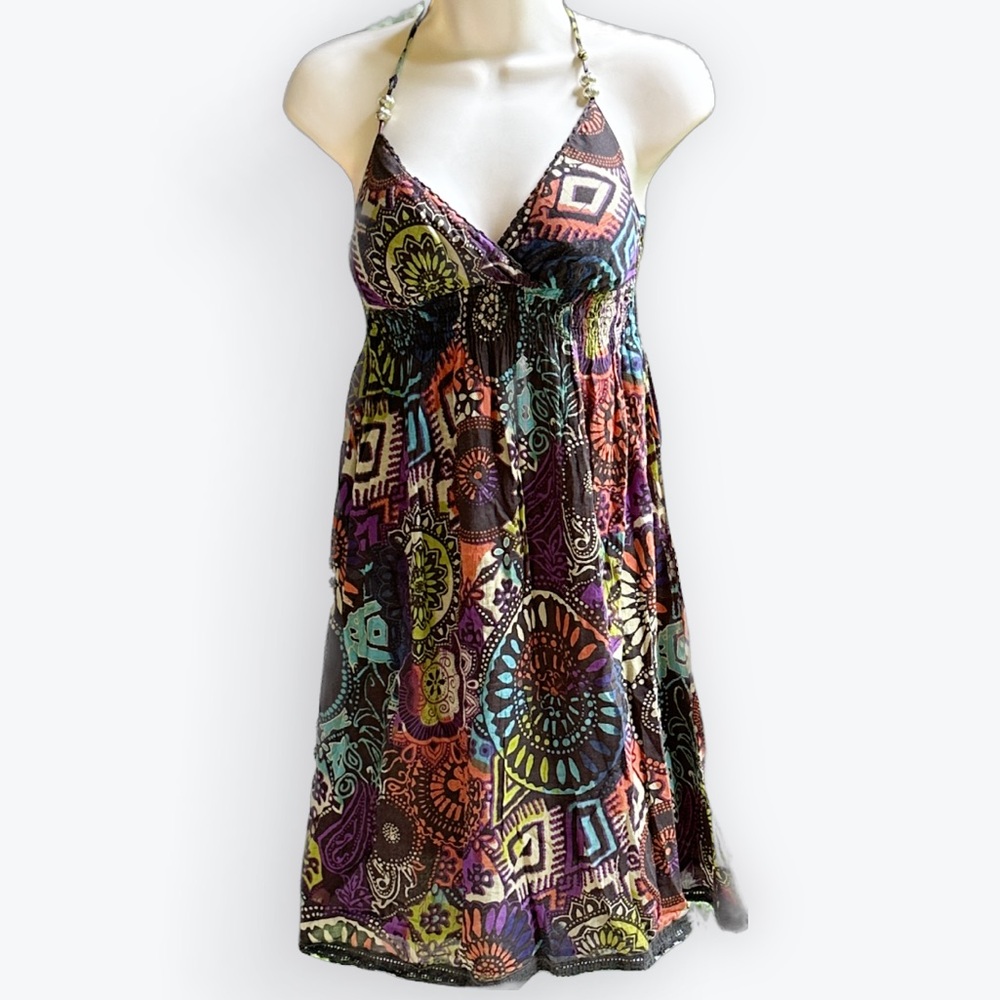 Boho Chocolate Brown Geometric Floral Built-in Bra Spaghetti Strap Sundress ~ S